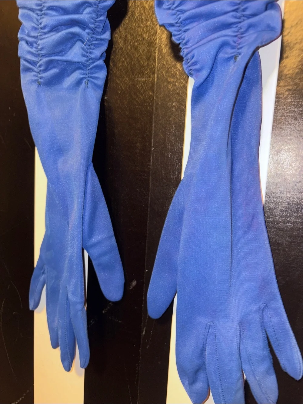 Vintage 70s Royal Blue Long Ruched Gloves Formal or Daily Wear Statement Gloves